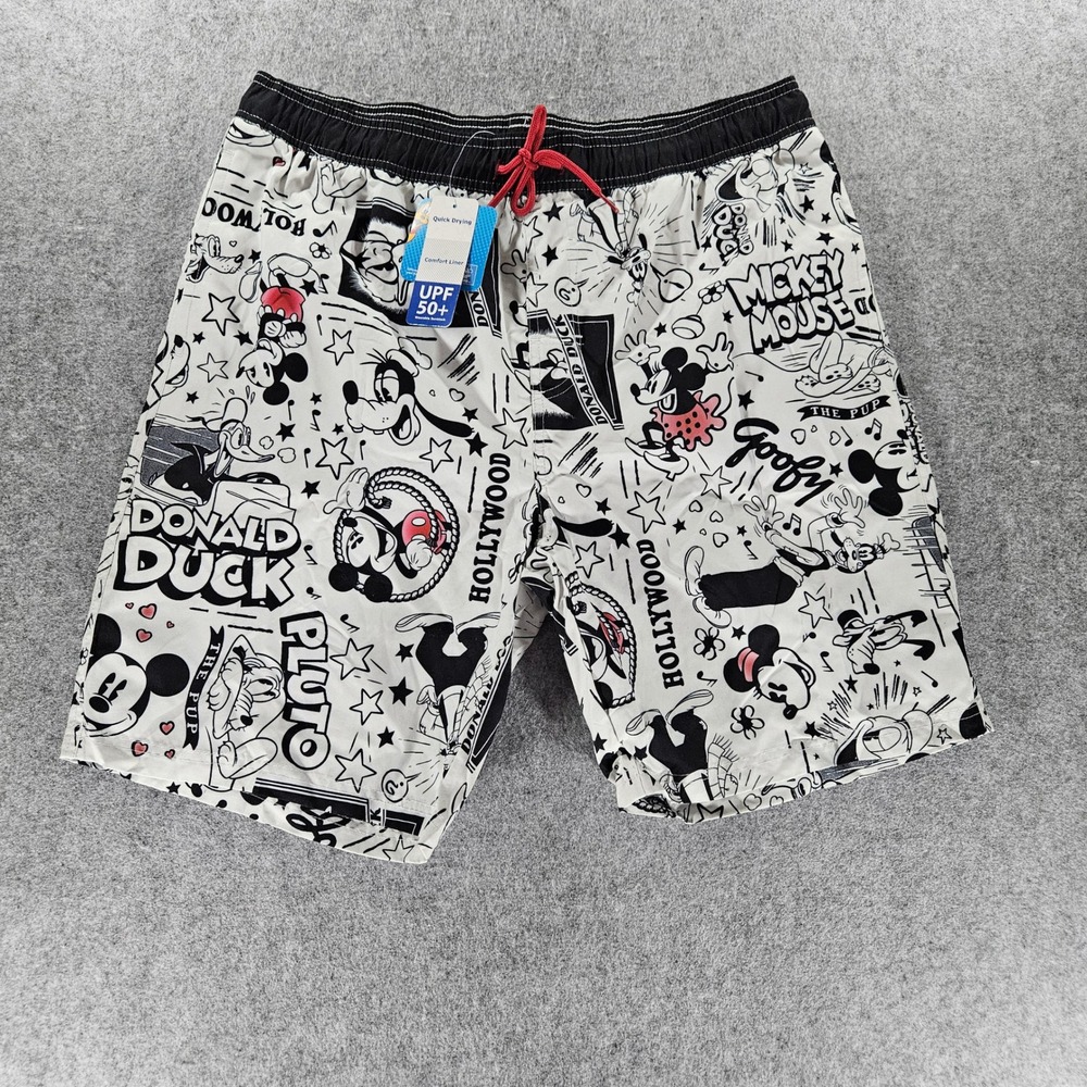 Disney Mickey and Friends Swim Trunks Mens Medium White Comic Print UPF 50+ NWT